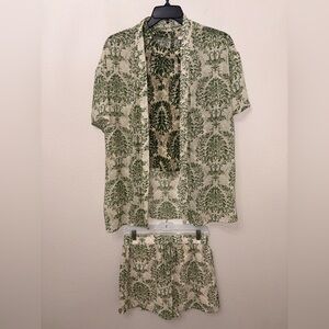 3 Piece Matching Set Green Floral Shorts Tank & Button Down Teen 16 Women’s XS/S